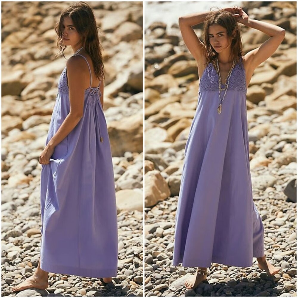 Free People Lovey Maxi Dress Crochet Lace Periwinkle Blue Bohemian size L Resort